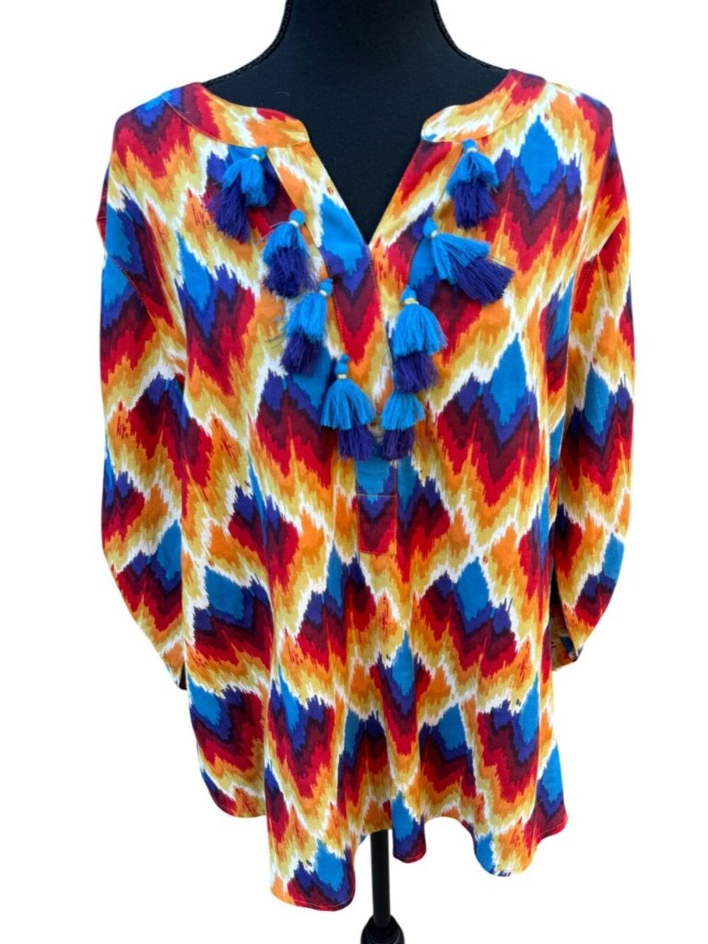 Tru Luxe Ikat Tunic Tassels Multicolor L Flax Blend Boho Cottage Core Artsy Top